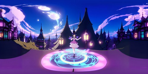 Floating top hat, playing cards in mid-air, tangle of magical ribbon. Mystical energy, cobblestone circle platform. Zatanna's signature costume, tastefully eccentric. High-quality illustration, VR360 viewpoint. Concentric layout, detailed precision, ultra high res. VR360 magic circle, whimsical Pixar-style. Glowing purple and aqua swirls.