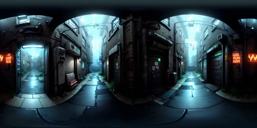 VR360 view: dingy alley, weathered brick walls, graffiti tags. Foreground: ominous android thug, sharpened steel limbs, LED eyes glowing. Scene style: Cyberpunk, grim, high contrast. VR360: Ultra-HD, gritty textures, immersive masterpiece in view.