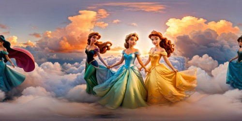 A flawlessly detailed, ultra-high-resolution portrayal of five Disney princesses in a majestic setting, each poised in a circle with intricate attire and radiant colors, illuminated by soft, ethereal light, embodying their regal and graceful essence with exquisite detail and beauty.