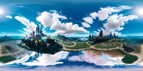 Masterpiece level, VR360 backdrop, comic-inspired style, superior clarity. Crystal-imbued heavens, billowing clouds in cartoonish allure. Remote, exaggerated metropolis silhouette. Enveloping VR360 panorama, alive with color, minimalistic forepart.