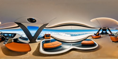 Inside the Jetsons' futuristic home, a stunning, flawless depiction of cutting-edge technology and modern luxury, featuring sleek, futuristic furniture, floating cars outside panoramic windows, robot servants tidying up with precision, and a holographic entertainment system projecting ultra high-definition images in every corner, a digital masterpiece in ultra-high resolution.