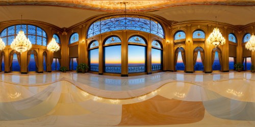 A luxurious, opulent ballroom adorned with intricate chandeliers, gleaming marble floors, and soaring arched windows, catching the warm, golden light of a radiant sunset, opulent, classy, timeless elegance.