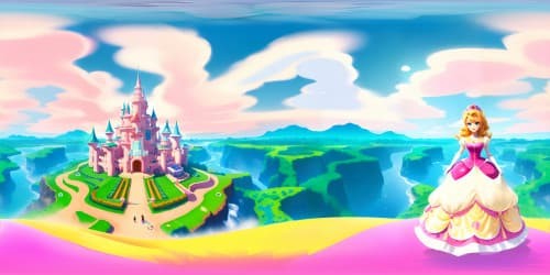 SUPERMARIO CHARACTERS.2 PRINCESS; one princess peach blond har and pink dress; the other princess daisy has brown hair and yellow dress.STANDING in front of pink castle