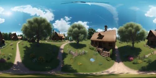 Masterpiece crafted, ultra-high-resolution, quaint cottage in the heart of a lush meadow, winding cobblestone path leading to the entrance. VR360 emphasis on expansive sky, pastel clouds dotting azure canvas, sunset hues painting the scene. Style: detailed realism.