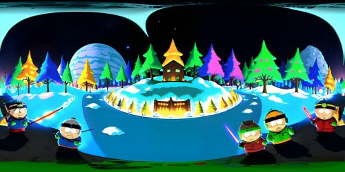 "South Park" themed VR360 masterpiece, ultra-high resolution visuals. Cartman wielding Jedi laser saber, iconic town park. Vivid colors, expansive VR360 view. Stylized, cartoon realism fusion. Subtle fantasy elements, oversized full moon, star-flecked sky. Fantasy art style skybox, merged with the recognizable South Park aesthetic.