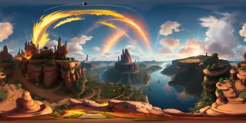 VR360, sun's fiery dance, molten horizon, flawless masterpiece, ultra high-res, twinkling golden particles, sunset hues, VR360, picturesque canyon