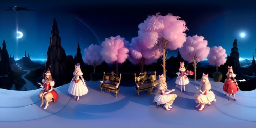 Ultra-high-res VR360 scene, quintet of princesses, mature elegance, white fur attire, pink accents. Lustrous red lip gloss application, features of blue eyes, golden hair. Untraditional poses, squatting, uplifted arms. Minute details: armpits, feline ears. Photorealistic, refined style, masterful VR360 fine details.