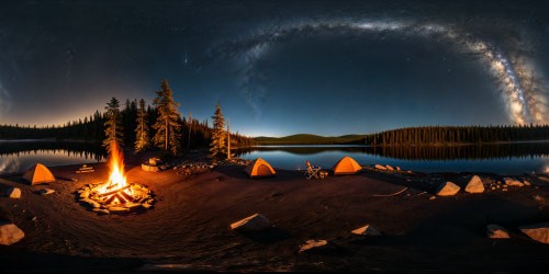 Nestled beside a serene, crystal-clear lake, a meticulously rendered camping sanctuary comes to life in flawless 8K detail, showcasing a perfectly pitched tent beside a crackling campfire, casting warm glows amidst the tranquil starlit night.