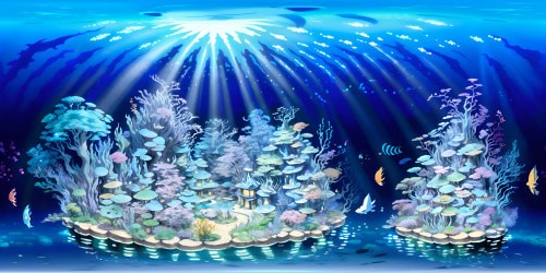 "Masterpiece quality, ultra-high res VR360 scene, ethereal underwater world, luminescent aquatic plants, clusters of iridescent bubbles, glistening sea jewels, schools of shining gill creatures, Pixar-style undersea landscape, radiant, semi-transparent, kaleidoscopic palette."