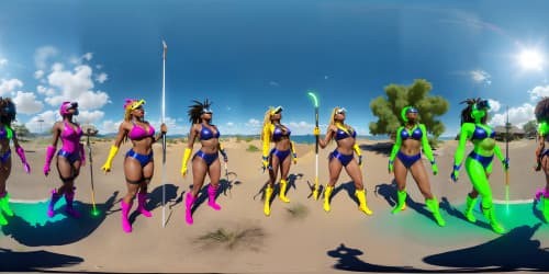 four african american women wearing blue leotards with thigh high fishnet stockings. two of them have dreadlocks. one is carrying a glowing green sword