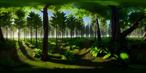 Masterpiece forest, ultra high-res detailing, VR360 view, mix of deciduous, coniferous trees, moss-covered trunks, fern, undergrowth, sun-dappled forest floor. Overhead, vibrant forest canopy, filtering soft light, creating chiaroscuro effects. Style: photorealistic, VR360 immersive experience, emphasis on texture, lighting nuances.