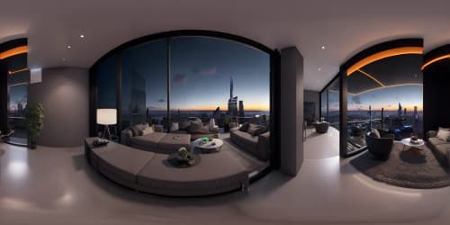 VR360 view, ultra high-res masterpiece, expansive dark skyscraper penthouse interior, towering windows, slender balcony doorway. Glowing city skyline illumination adds atmospheric light. Style: digital realism.