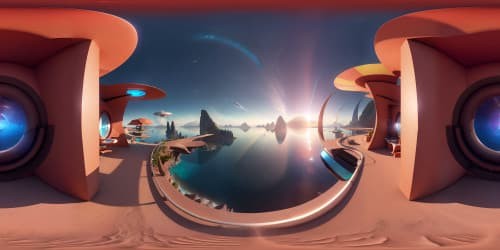 Masterpiece in ultra high resolution, unearthly planet's VR360 seascape. Alien dolphin-esque forms, extraterrestrial terrain. Exotic VR360 aquatic flora, fantastic sci-fi and surreal blend. Striking high-definition detail, profound depths.