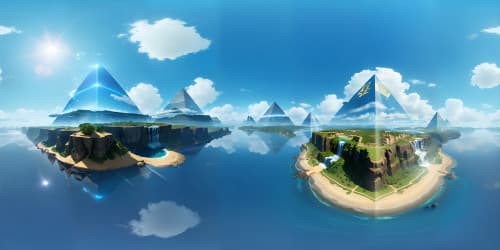 Masterpiece-quality, ultra-high-resolution VR360 scene, surreal pyramid waterfall cascading into infinity, radiant sunlight shimmering on water, vast, cloudless azure sky, gleaming pyramid stones, subtle fantasy art influence.