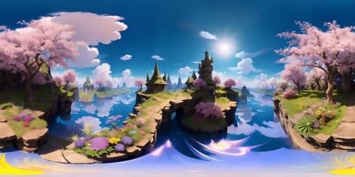 Ultra-HD masterpiece, vibrant floral world, azure sky, rising sun in verdant nature VR360, Impressionism-style joyful colors, VR360 picturesque morning dawn scene