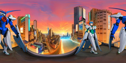 Exquisite and unparalleled mecha landscape from "Darling in the Franxx", featuring Strelitzia and Delphinium facing off, futuristic cityscape backdrop, neon lights reflecting off polished armor, detailed weathering on metal surfaces, volumetric atmospheric effects, 8K resolution.