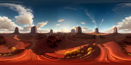 Monument Valley VR360, towering sandstone buttes, ultra high-res details. Expansive orange-red desert, enhanced digital art style. Smooth sand textures, depth-adding shadows. Clear blue sky, fluffy white clouds, masterfully masked sun. VR360 immersion, top-notch quality, artful execution.