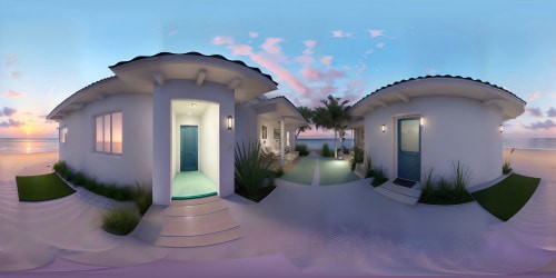 Masterpiece beach home VR360, ultra high-res, watercolor style. Tranquil beachfront, sand-dusted porch, swaying seagrass in breeze. Sunset hues reflected on glassy sea. Star-flecked sky, pale moonlight bathing VR360 scene, ethereal glow on architecture. Soft, pastel color palette.