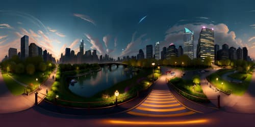 Ultra high res VR360 view, mesmerizing night scene, New York City skyline masterpiece, Central Park, Riverside, illuminated structures, twinkling city lights. Diverse skyscraper design, Central Park's lush greenery in moonlight, calm riverside vista. VR360, Pixar-style animation, detailed, refined strokes.