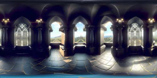 Gothic ambiance in VR360, Noir aesthetic influence. Cobblestone walls, grungy textures, ultra high res masterpiece. Stark contrast lighting, stone archways looming under the expansive VR360 sky. Oppressive iron grating, ultra-realistic shadow depth. Intrusion of confinement in VR360, ultra high res. VR360 prison panorama, masterpiece execution. Superior quality, stark black and