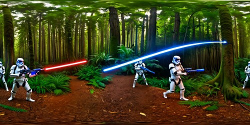 jedi knight with blue lightsaber leading the very detailed 501st clone trooper battalion into battle vs a sith with a red lightsaber leading very detailed battledroids to intercept the clones on a mysterious jungle planet. blaster fire in the air. 