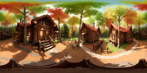 Masterpiece quality VR360, ultra-high-resolution, rustic cabin encased in autumn hues. Surrounding towering forest, dense foliage, digital painting style, rich textures, varied tones. VR360 fall scene, visual depth, light diffusion in rich colors.