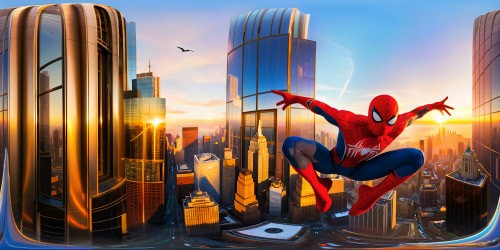 Soaring with Spider-Man through a gleaming cityscape at golden hour, leaping from a towering skyscraper with sprawling streets below, dynamic light reflections on glass buildings, vivid urban details frozen mid-air, breathtaking perspective of a mesmerizing metropolis, lifelike textures and pristine resolution, a digital masterpiece encapsulating the thrill of a superhero leap.