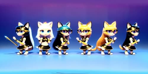 Distinct princesses quintet, white fur, gold hoop earrings, red lip gloss. Varied elements: blue eyes, red, black, blonde hair. Unconventional poses: squatting, arms raised. Close-ups: armpit, cat ears. VR360 Pixar-style, high-quality masterpiece. Subtle, ultra-definition depth of field.
