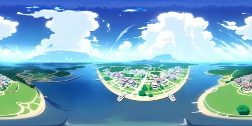 VR360 view of Genshin Impact's rose town, Honkai Star Rail characters mingling, ultra-high resolution, fantastical anime style, meticulous detail, masterpiece quality, no humans, expansive sky vistas, foreground minimalism.