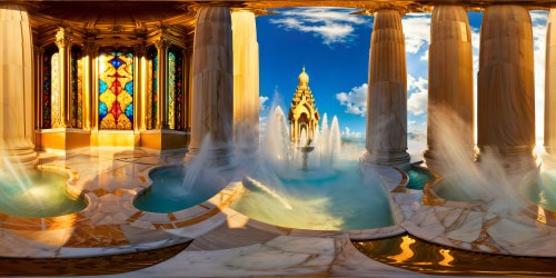 An ancient marble temple bathed in golden sunlight, intricate carvings and elaborate columns, vibrant stained glass windows casting a kaleidoscope of colors, a serene fountain glistening, creating a flawless, awe-inspiring scene of divine beauty and tranquility.