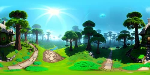 Ultra-high-res VR360 scene, serene forest, miniature cottage nestled, tranquil, mossy grove. Fantasy style, softly glowing tree trunks, ethereal, sparkling flora. VR360 view, detailed undergrowth, artistic grandeur, mystical, Pixar-style enchantment.