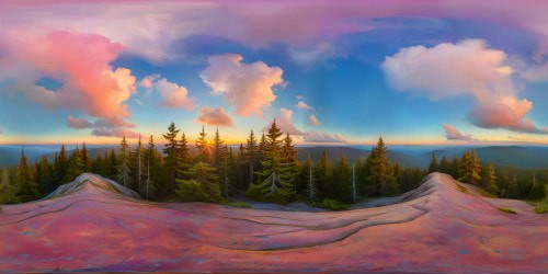 Brushstroke realism, VR360 landscape, masterpiece quality. Pristine, unearthly forest, gargantuan treetops, glistening dew. Pastel color palette, ultra high-res detail. Speckled daylight, transcendent atmospherics, ethereal cloudscape. Sky, a swirling watercolor wash of pinks, blues, purples. VR360 view, endless horizon.