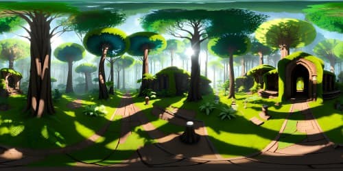 Ultra high-resolution VR360, forest grandeur, hyper-realistic painting style. Emerald canopy, moss-clad giants, ancient sprawling trunks, fern underlay. Sun-dappled leaf mosaic, radiant light shafts piercing tranquility. Crystal detail precision, exquisite color harmony, VR360 masterpiece.