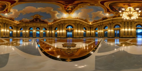 A luxurious grand ballroom with gilded chandeliers, ornate frescoes adorning the ceiling, intricately detailed marble floors inlaid with gold accents, and floor-to-ceiling windows overlooking a moonlit garden, all captured in stunning 8K resolution.