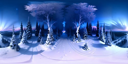 VR360 scene: Masterpiece quality, ultra-high resolution, intense snowfall. Imagery: Blanketed landscape, towering frosted pines, glistening icicles. Sky: Celestial canvas, swirling snowflakes, icy-blue tones. Style: Realistic digital painting, impeccable light/shadow play, photorealism emphasis. Perfect for an immersive VR360 snowscape experience.