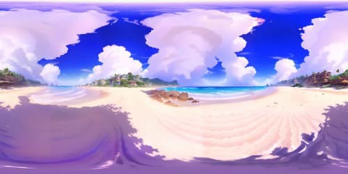 VR360 view, anime-style beach, bright, sun-dappled sky, occasional cumulus clouds. Foreground: two topless, bikini-clad anime figures seated on sand, tasteful pixelation preserving decency. Background: endless horizon, shimmering ocean meeting the sky. High-res, meticulously detailed, vivid color palette, ultimate VR360 beach masterpiece.