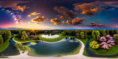 A tranquil garden bathed in golden light, with vibrant blossoms blooming around a serene pond reflecting a clear, starlit night sky.