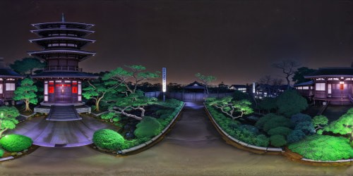 Expansively panoramic Edo period Kyoto Japenese garden at night, with cozy warm toned glowy lighting. Emaculately detailed landscaping. Deep warm toned color palette, with deep reds, magentas,browns, deep orange-yellow tones. Warm feverish aesthetic.