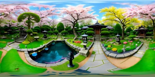 Masterpiece VR360, ultra-high res, sublime Japanese gardens, Zen stones, cherry blossom explosion, Koi-infested ponds. Moss-clad stone lanterns, anime-style, tranquility personified. VR360 immersive peace, color vibrancy overload.