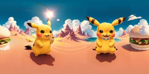 fluffy Pikachu holds a cheese hamburger in its hand