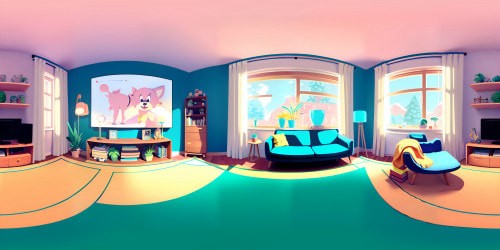 Ultra high-resolution VR360 view, small, vibrant evergreen pine nestled within a cozy yet expansive living room. Minimalistic, Scandinavian design, pastel hues, natural sunlight streaming in. Neatly arranged books, woolen throw rugs. VR360 style: Pixar-like warmth, high definition textures.