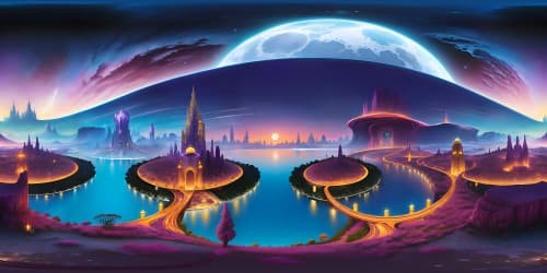 Masterpiece, ultra-high resolution VR360. Towering, architecturally intricate structures cut through midnight canvas. Shades of rose and sapphire in twilight gradients. Luminescent metropolitan tableau, flickering celestial bodies, VR360 panoramic city skyline.