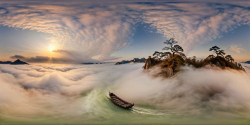 A flawless masterpiece of traditional Chinese ink art, rendered in ultra-high resolution, depicting misty clouds enveloping a solitary boat as it gracefully drifts along a cold and tranquil river, capturing the essence of timeless classical beauty.
