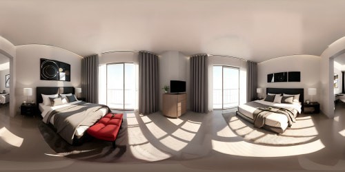 VR360 modern room, masterpiece quality, ultra-high resolution. Centered red bed, minimalist elegance, posh comfort. Ambient light whispers, lively yet serene, casting subtle shades. VR360 view, fusion of real-world precision, Pixar-style gentleness.