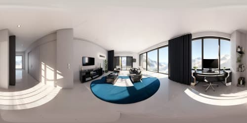 Ultra HD VR360 modern mountain mansion interior, Unreal Engine 5 style, sweeping staircases, elegant fixtures, abstract art, reflective marble flooring. Expansive VR360 sky views via panoramic windows, minimalistic luxury vibe, skyward focus.