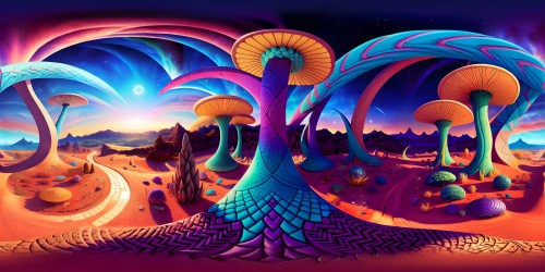 Ultra high-res VR360 Celtic symbol, central mushroom morphing to 3D. Inside mystical serpent, reflective scales enclosing VR360 view. Edge-of-vision snake-eye. Ascending to hieroglyphic-covered object, transforming symbol landscapes: desert, forest, mountain. Morphing eagle finale. Masterpiece quality, fluid scene transitions.