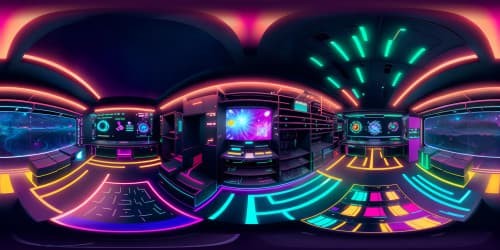 Masterpiece VR360 data center, ultra-high res view, endless server racks, labyrinth of wired networking switches. Reflective metal surfaces, twinkling LED constellation, neon glow interaction. VR360 perspective, pixel-art finesse, cyberpunk color immersion.