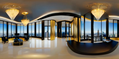 VR360 deluxe penthouse office, floor-to-ceiling windows, panoramic cityscape view, sleek ebony furniture, crystal chandeliers. VR360 ultra-high res, masterpiece quality, in a modern digital art style, splashes of gold accents.