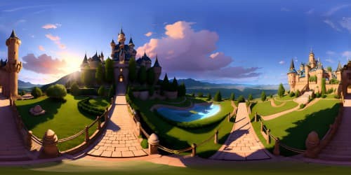Ultra high resolution VR360, castle grandeur, meticulous details. Masterpiece quality, castle edges kissed by twilight. VR360 panoramic view, castle silhouette against setting sun, fantasy art style.