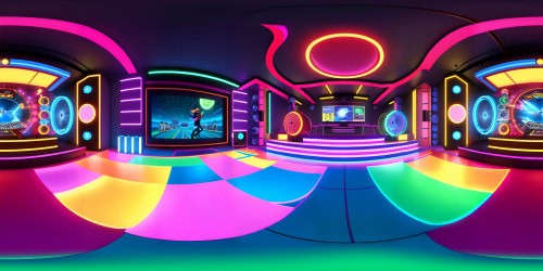 Masterpiece quality, ultra-high resolution VR360 scene, Rick Roll homage. Glittering stage backdrop, captivating neon lights, retro MTV-style aesthetics. Disc ball reflections, VR360 vinyl records floating, vintage microphone stand, surreal dance floor.